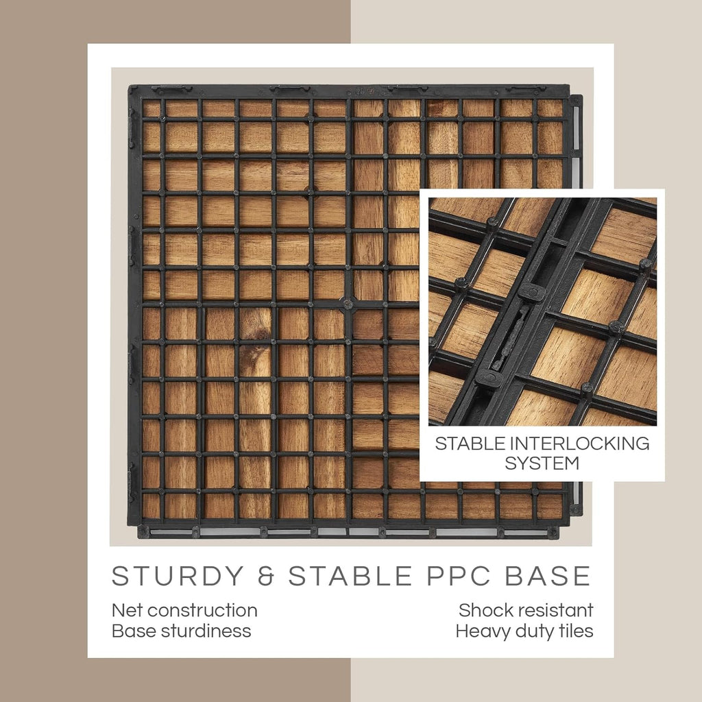 Premium Deck Tiles, Patio Flooring - Set 10 Pcs 12”x12”x0.9” Interlocking Deck Tiles, Waterproof Acacia Wood for