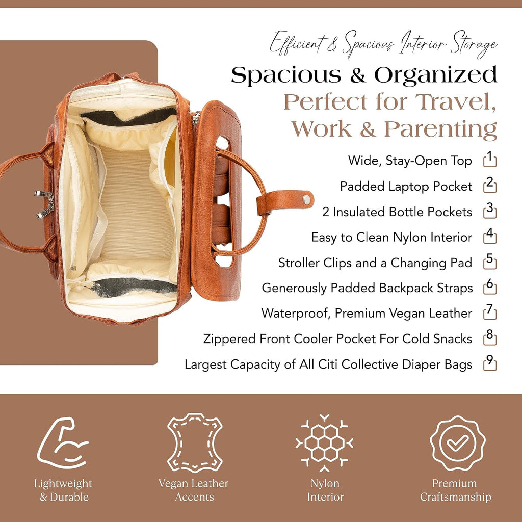 Collective Explorer Brown Diaper Bag Backpack - Vegan Leather Diaper Bag with Shoulder Strap, Insulated Bottle