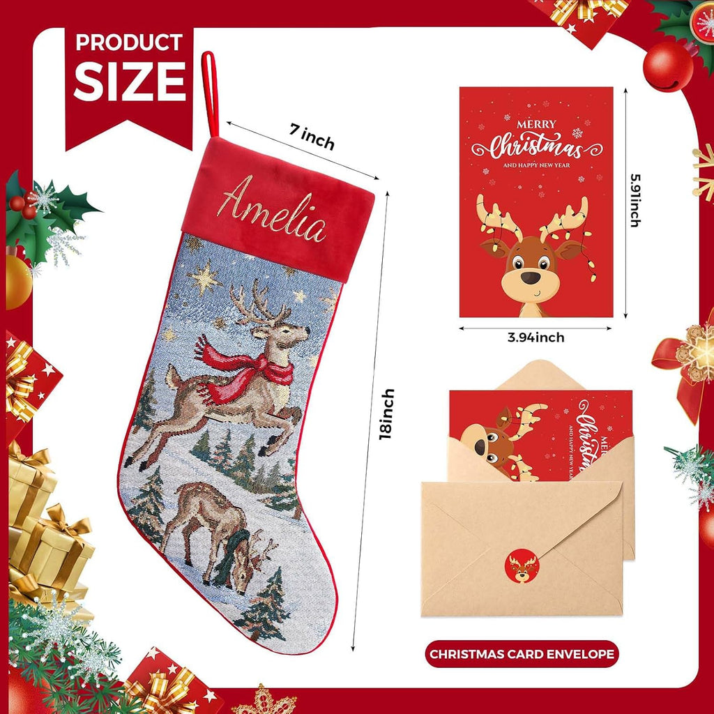 With Embroidered Name,Soft Velvet Cuff with Reindeer Jacquard Design Xmas Stockings,18Inches Vintage Stocking