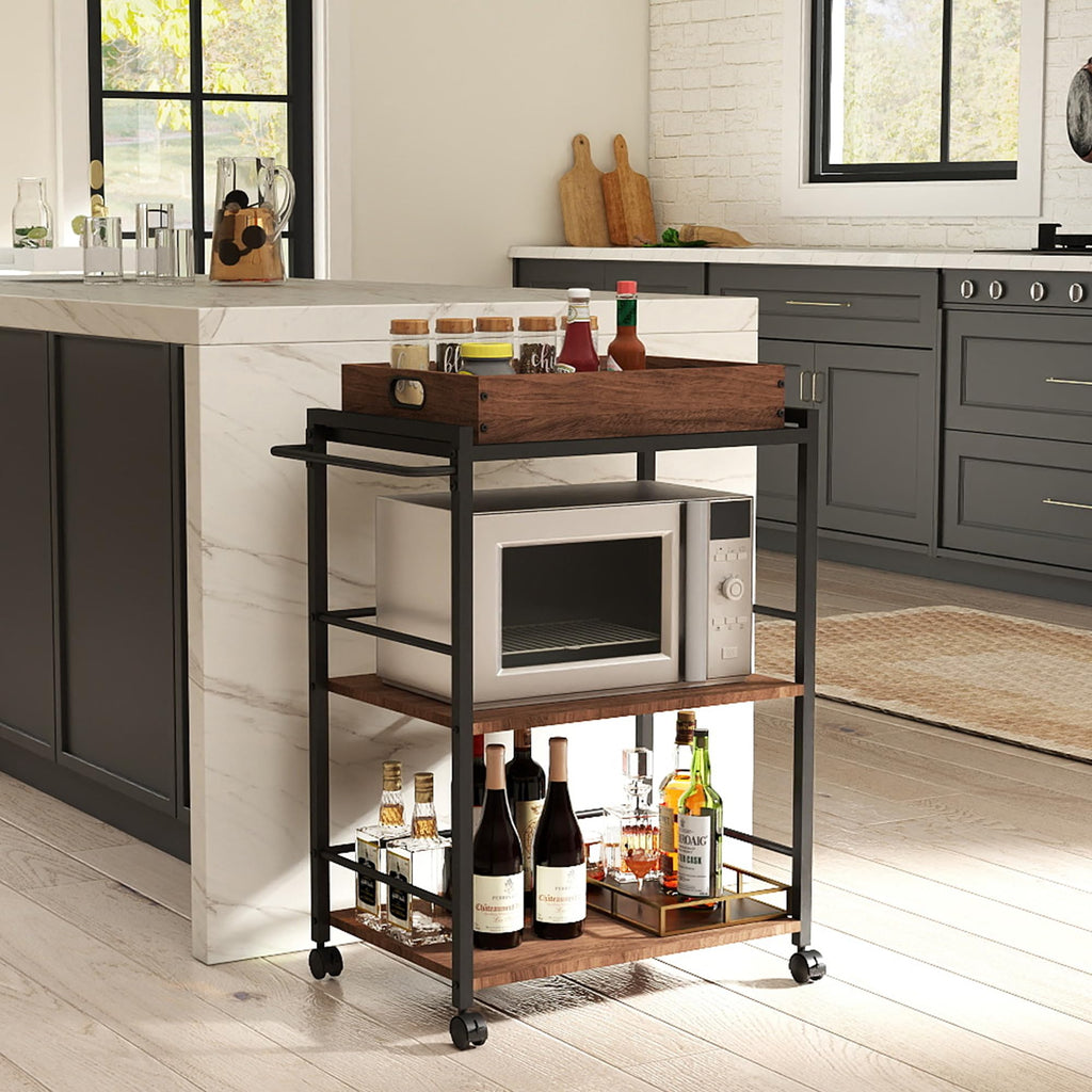 3 Tier Kitchen Cart, Rolling Bar Cart, Walnut