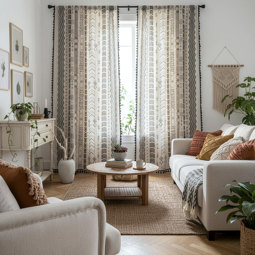 Boho Curtains Patterned Black and White 95 Inches Semi-Blackout Light Filtering Long Window Curtains 2 Panels Cotton