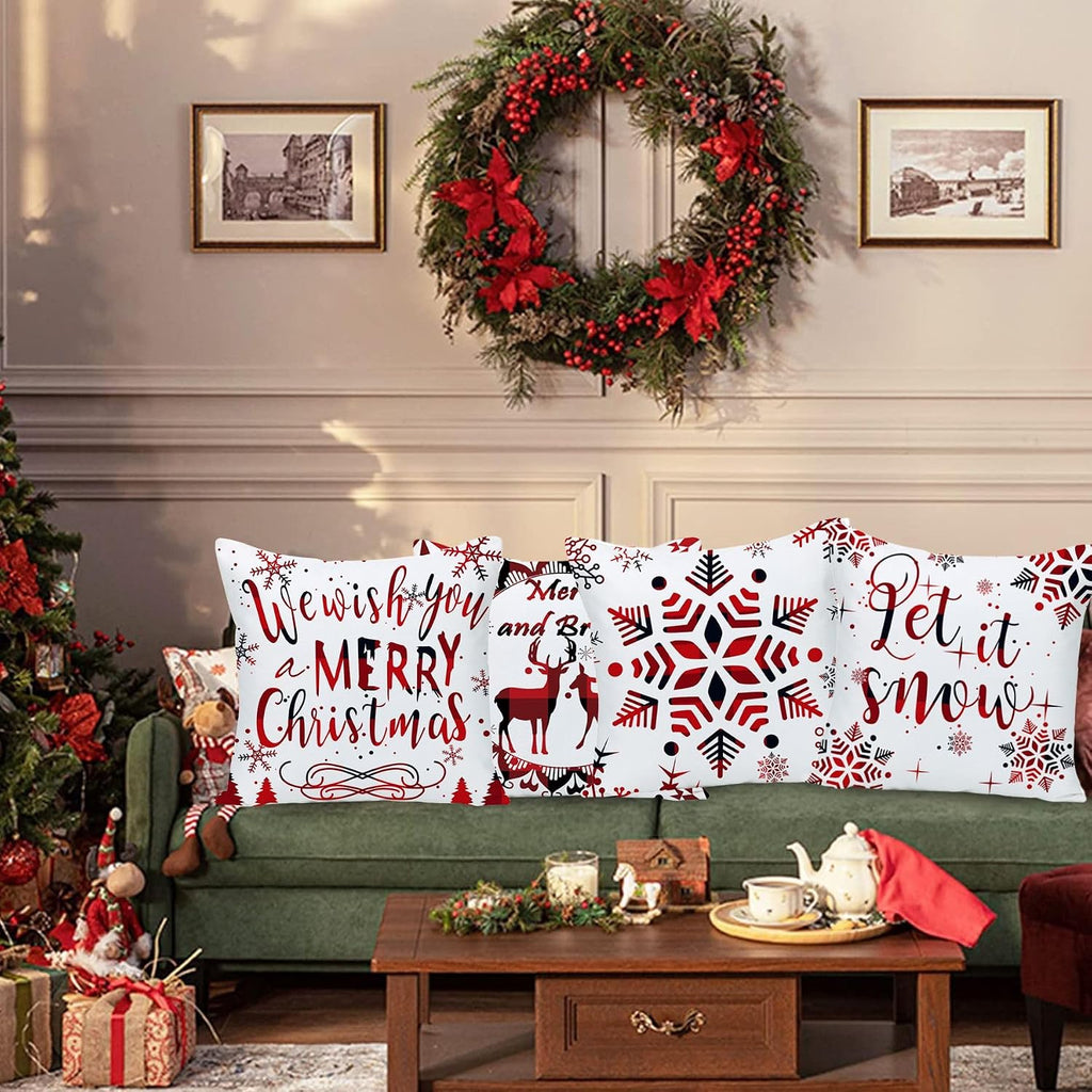 24x24 Pillow Covers Christmas Winter Snowflake Baby It's Cold Outside Bright Red Deer Let It Snow Xmas Soft Velvet - Set of 4