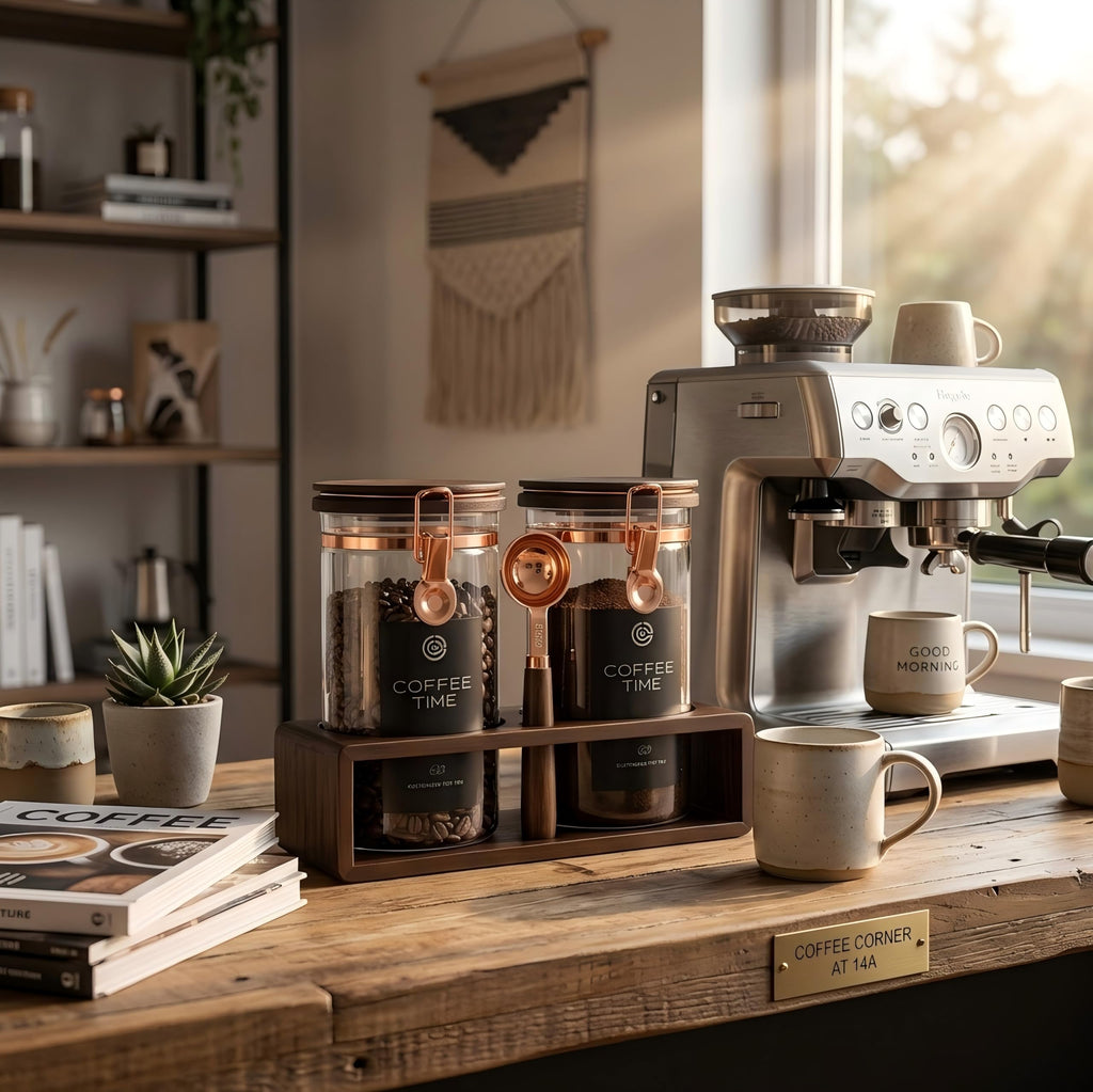 Glass Coffee & Sugar Canister Set, 2×45OZ Airtight Glass Storage Jars with Wooden Shelf and Scoop, Airtight Food