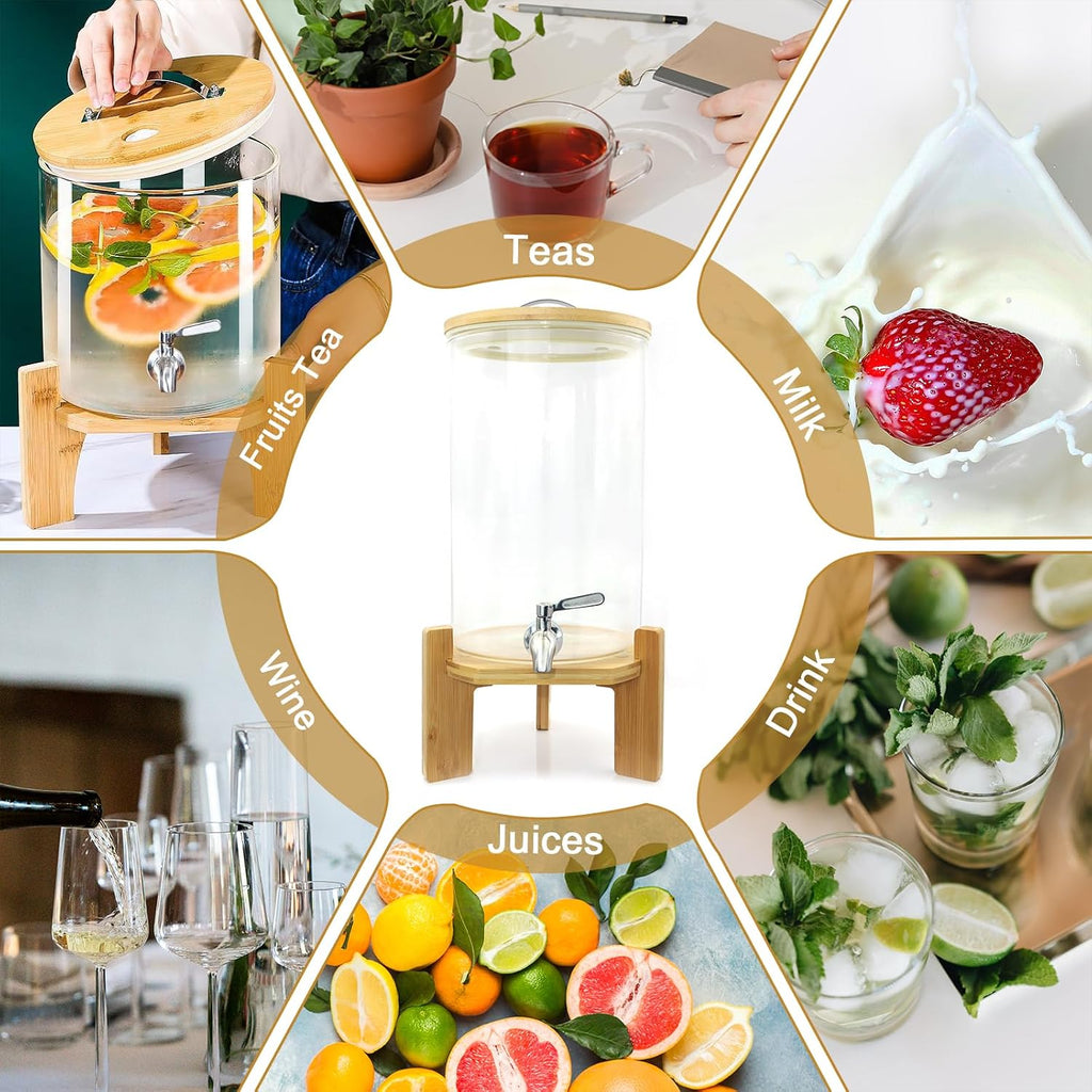 Glass Drink Dispenser with Stand,2.1 Gallons Wood Stand Cold Beverage Dispensers-Large Drink Dispensers