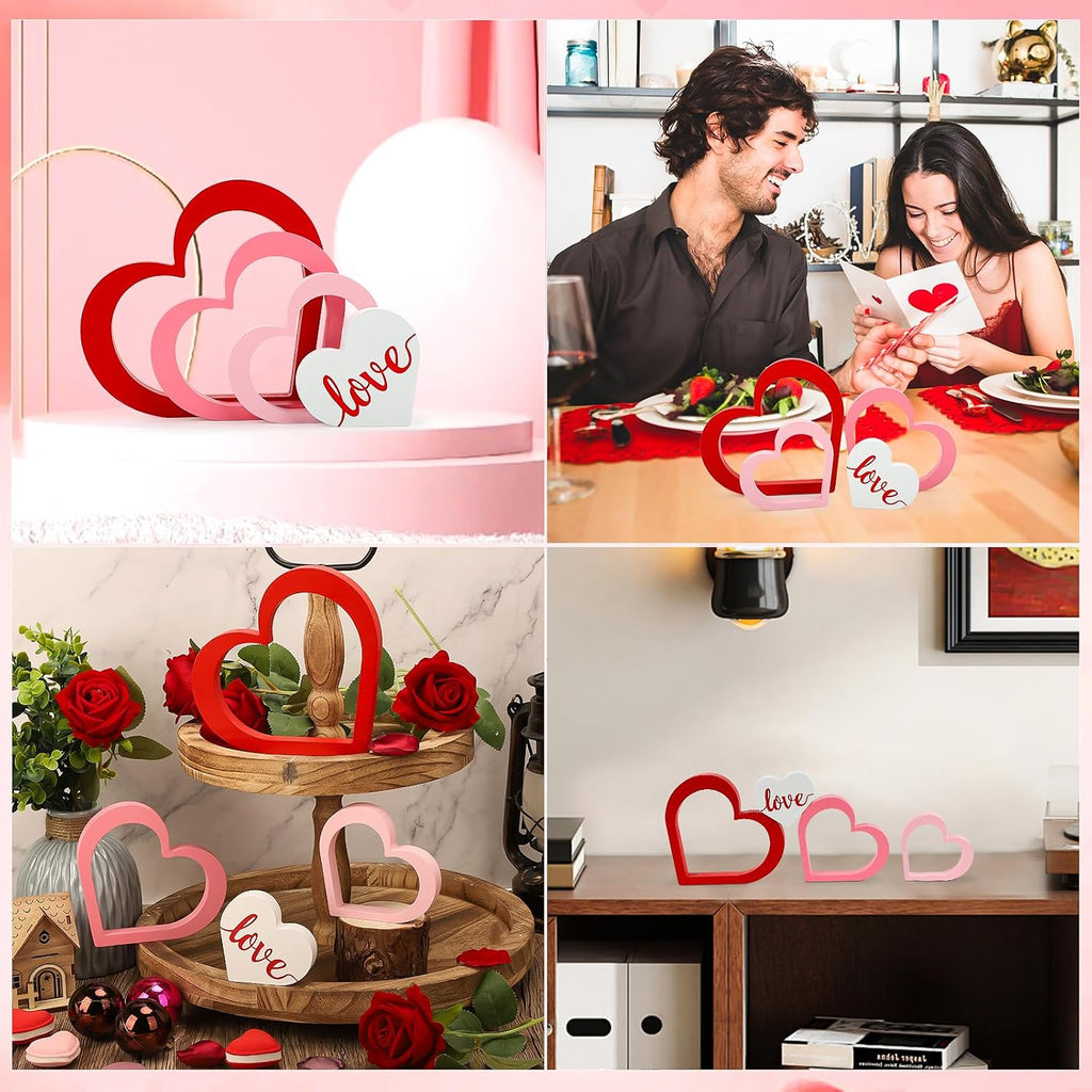 Wooden Hearts Valentine's Day Decorations Indoor, Wood Heart Blocks Tiered Tray Decor, Red Pink White - Set of 4