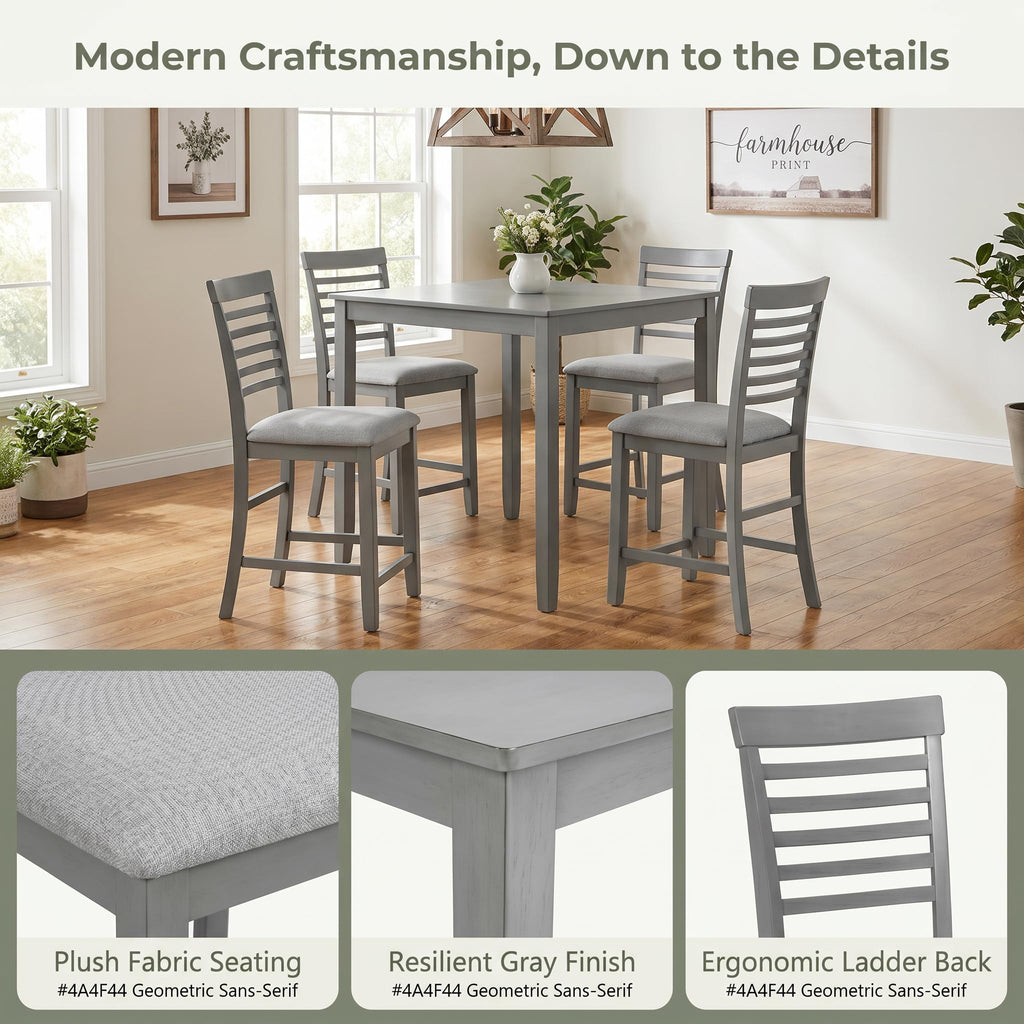 5 Piece Counter Height Dining Table Set, Farmhouse Wooden Dinner Table Set for 4, 34.5" Square Table & 4 Ladder Back