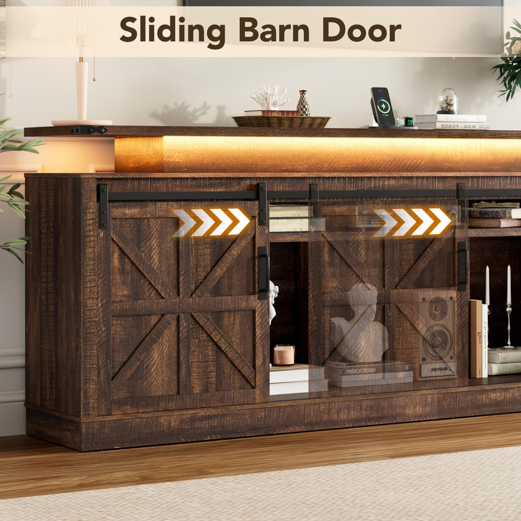 81" Farmhouse TV Stand with Power Outlets and LED Light, Extra Tall Entertainment Center with Sliding Barn Door for