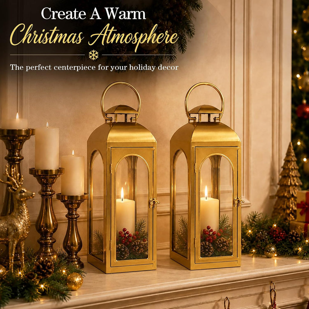 Christmas Decorative Lanterns Gold Metal Candle Holders 20 Inch 2 Pack