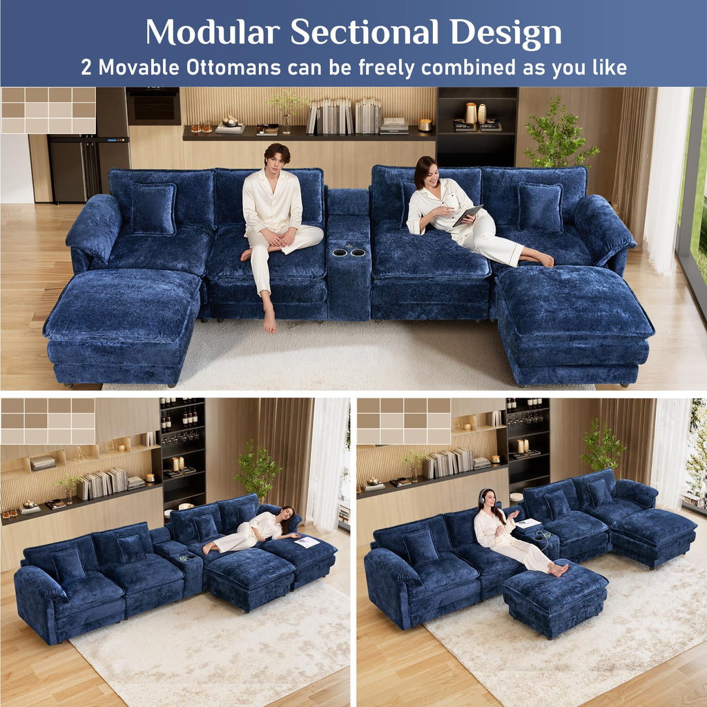 152" Oversized Cloud Sectional Couch, Blue