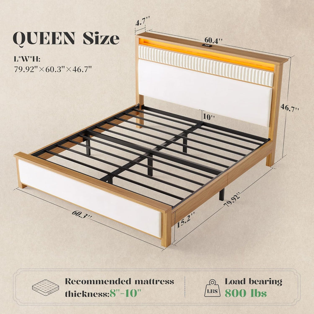 Solid Wood Queen Size Bed Frame with Storage Headboard & LED Lights