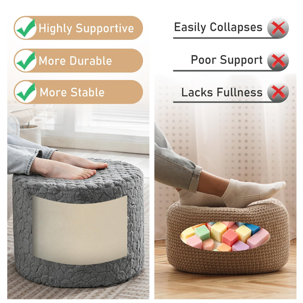 Round Pouf Ottoman, Soft Faux Rabbit Fur Poufs, One-Piece Sponge Foot Rest