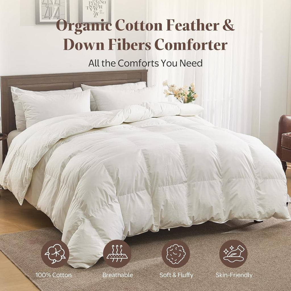 Goose Feather Down Fiber Comforter King - 100% Organic Cotton Shell All Season Duvet Insert