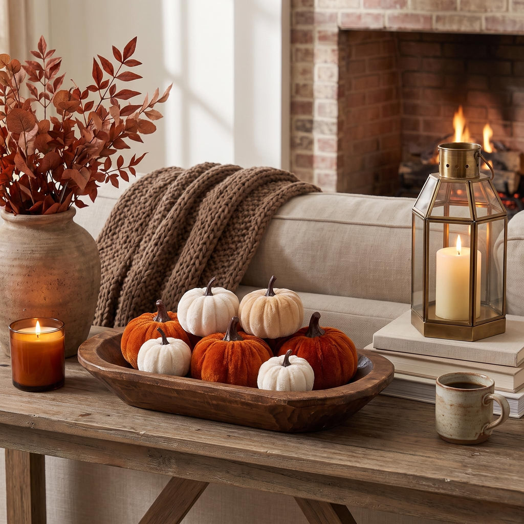 Velvet Pumpkins, 10-Piece Fall Decor, Beige Brown Orange