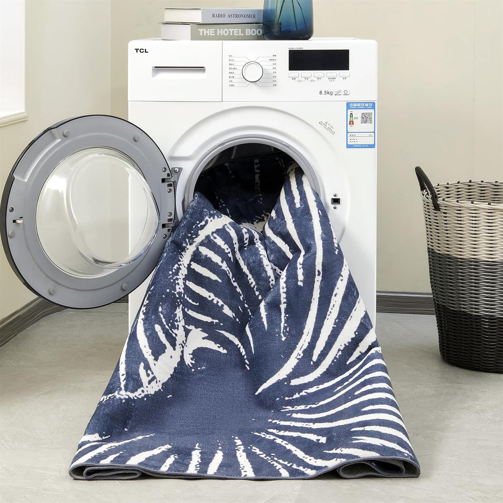 Modern Contemporary Area Rugs Navy Blue Washable, Ultra Thin Abstract Swirl Stripes Ocean Wave Minimalist Indoor