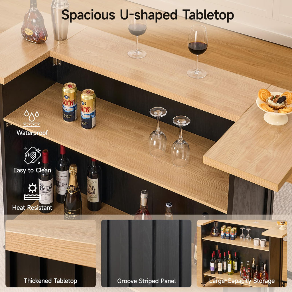 61" Foldable Bar Table, Mobile Party Bar Station on Lockable Wheel