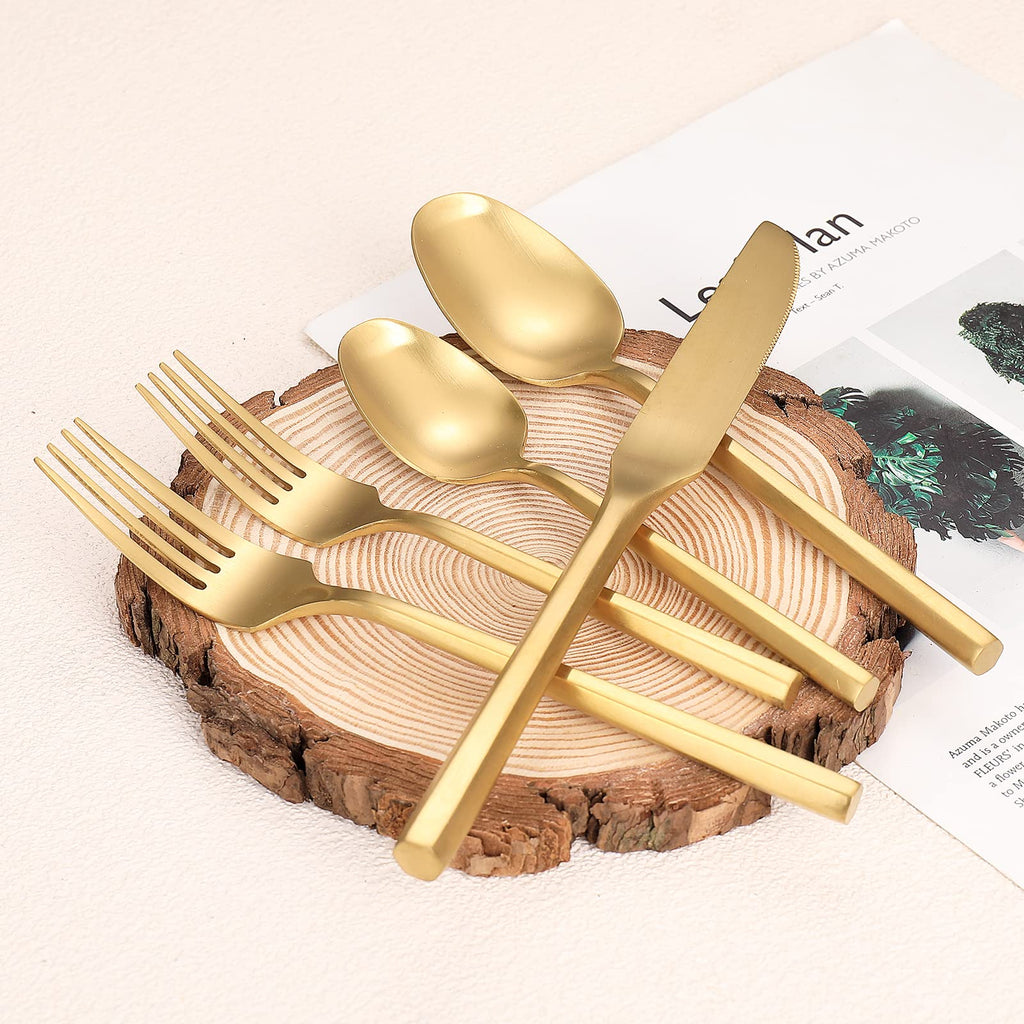 Matte Silverware Set Gold Flatware Set with Hexagon Handle 20 Pieces 18/0 Stainless Steel Cutlery Set Wedding