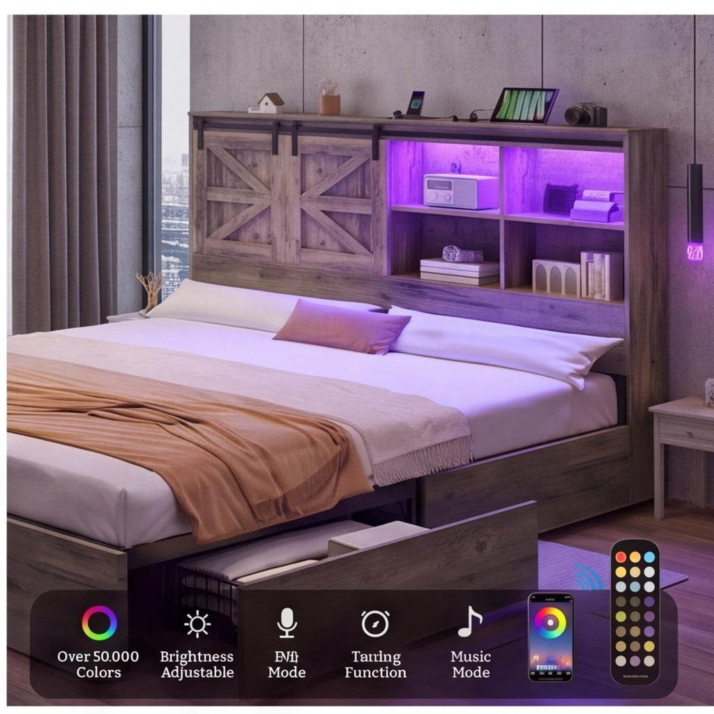 Bed Frame with Storage Bookcase Headboard & Sliding Barn Door