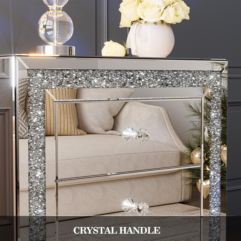 Mirrored Nightstand Set of 2, Wireless Charging Station, LED Light