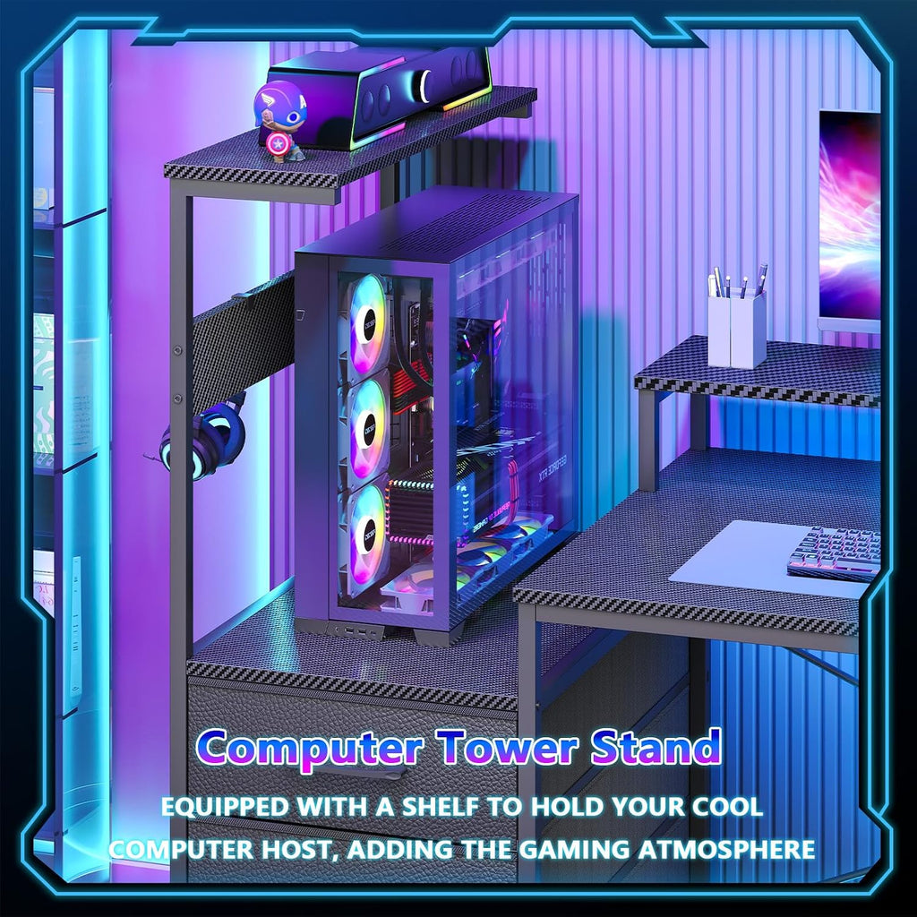 L Shaped Gaming Desk with Drawers & Storage Shelves for Game, Home Office | Corner Gaming Desk with Power Outlets &