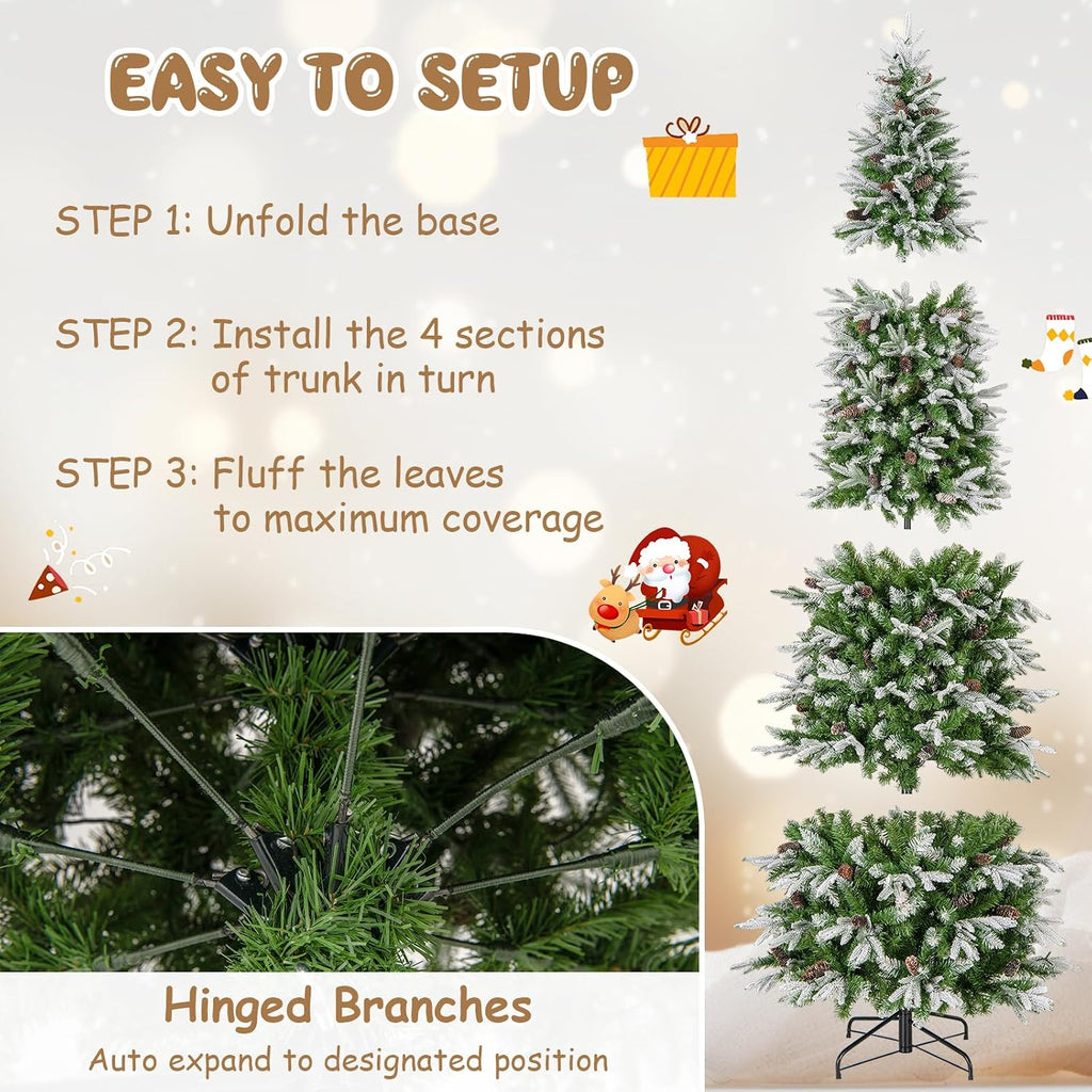 9 FT Pre-Lit Pencil Christmas Tree Snow Flocked, Slim Artificial Xmas Tree with 1310 Branch Tips, 470 LED Lights, 98