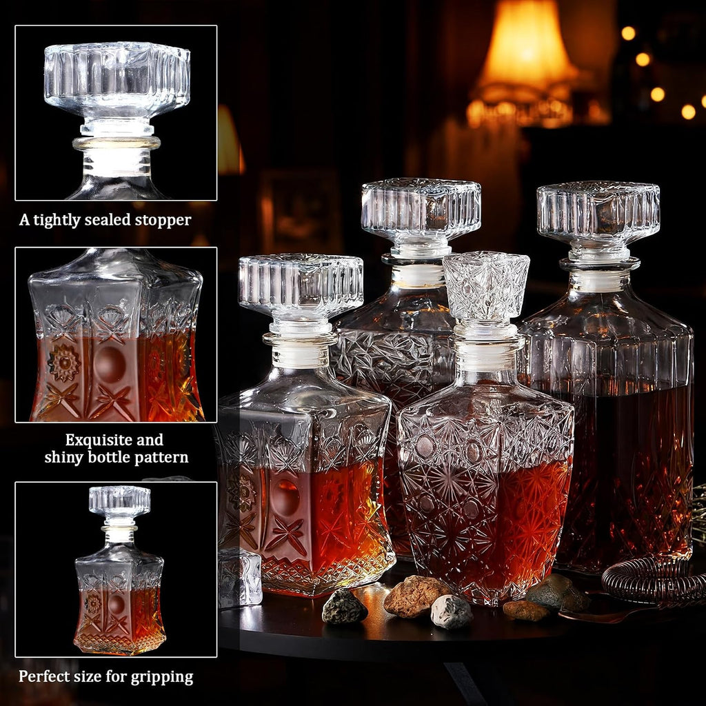Whiskey Decanter for Men Liquor Decanters Glass Alcohol Bottle with Glass Stopper for Vodka Tequila Brandy - Set of 4