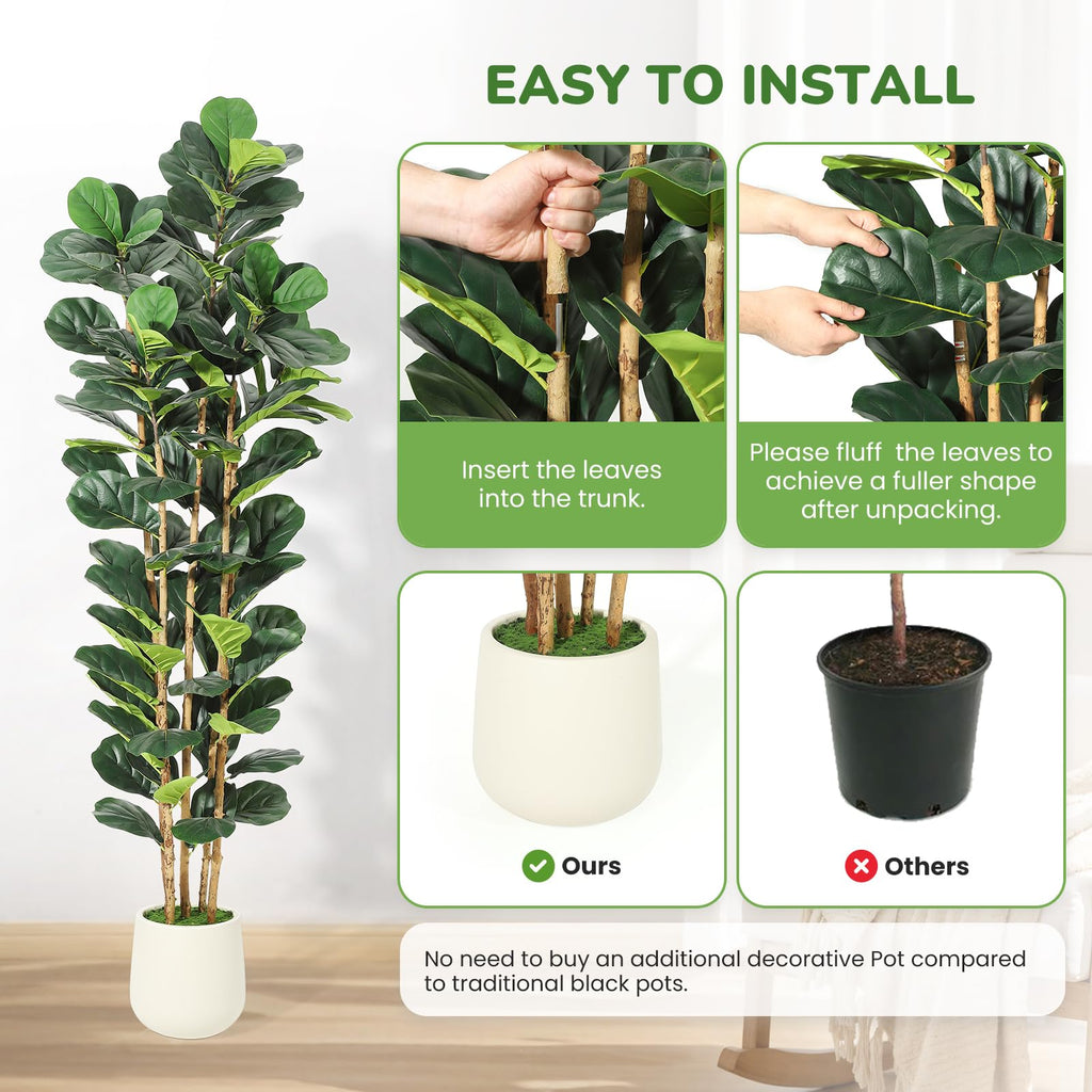 Artificial Fiddle Leaf Fig Tree with White Planter - 7 ft