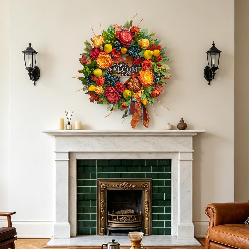 Fall Wreaths for Front Door, 24 in Autumn Harvest Wreath for Thanksgiving - Set of 5