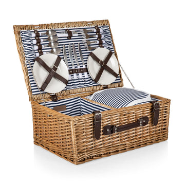 TME Belmont Picnic Basket for 4, Insulated Wicker Basket Set with Porcelain Plates, Stainless Steel Flatware, Wine