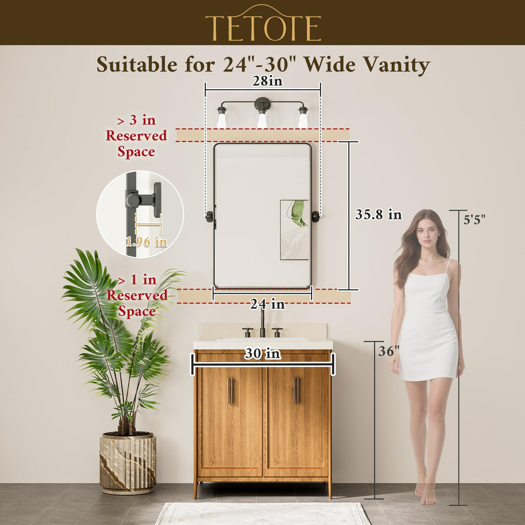 Brushed Nickel Pivot Rectangle Bathroom Vanity Mirror 24 x 36 Tilt Beveled Mirror, Pivoting Metal Framed Tempered