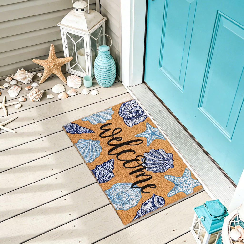 Seashell Beach Doormat Natural Coir Welcome Floor Mat Blue White Coastal Starfish Conch Non-Slip Entrance Door Rug