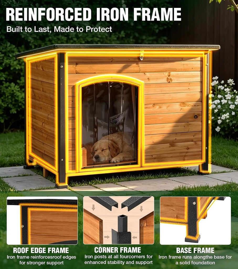 Large Dog House Outdoor with Iron Frame and Hinged Roof