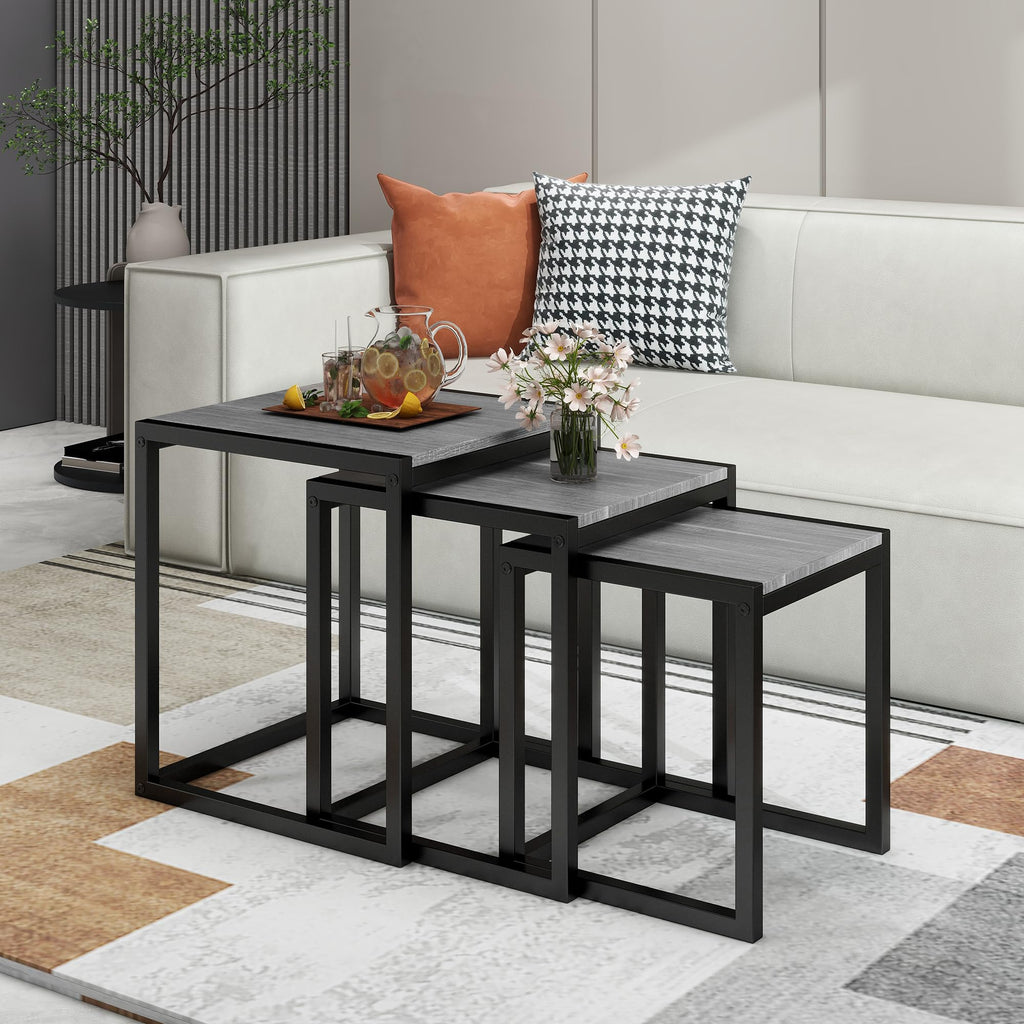 Nesting Coffee Set of 3, Stacking Metal Side Tables, Grey