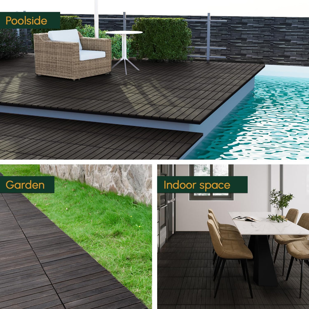 10PCS Interlocking Deck Tiles 12" x 12" - Waterproof Acacia Wood Decking for All Weather Use - Patio, Balcony, Porch