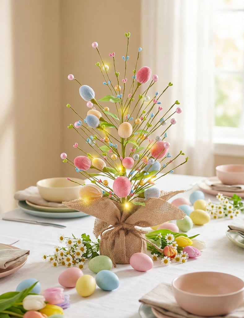 Easter Table Decorations, 18 Inch Easter Egg Tree Decorations, Centerpieces for Tables with Pastel Felt Eggs, Spring