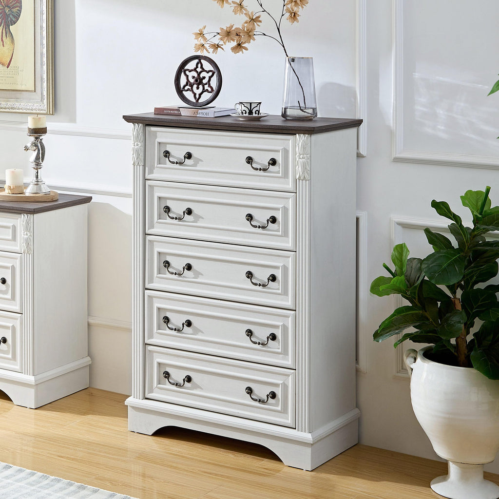 Antique White Dresser, 5 Drawers Dresser, Farmhouse Dresser, Wooden 5 Chest of Drawers with Thickened Wood Carving