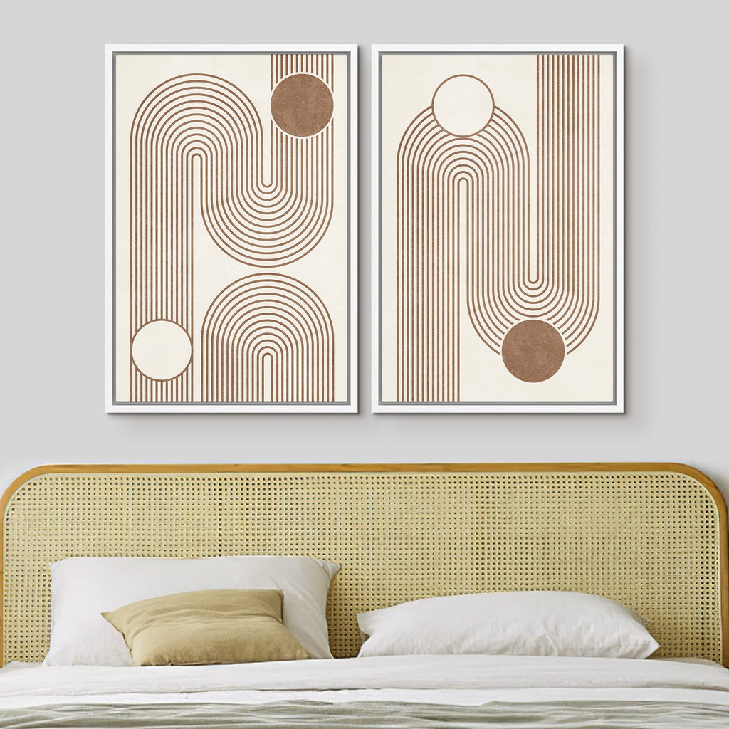 Framed Canvas Print Wall Art Set Geometric Mid-Century Circle Line Polygons Abstract Shapes Illustrations Modern Art