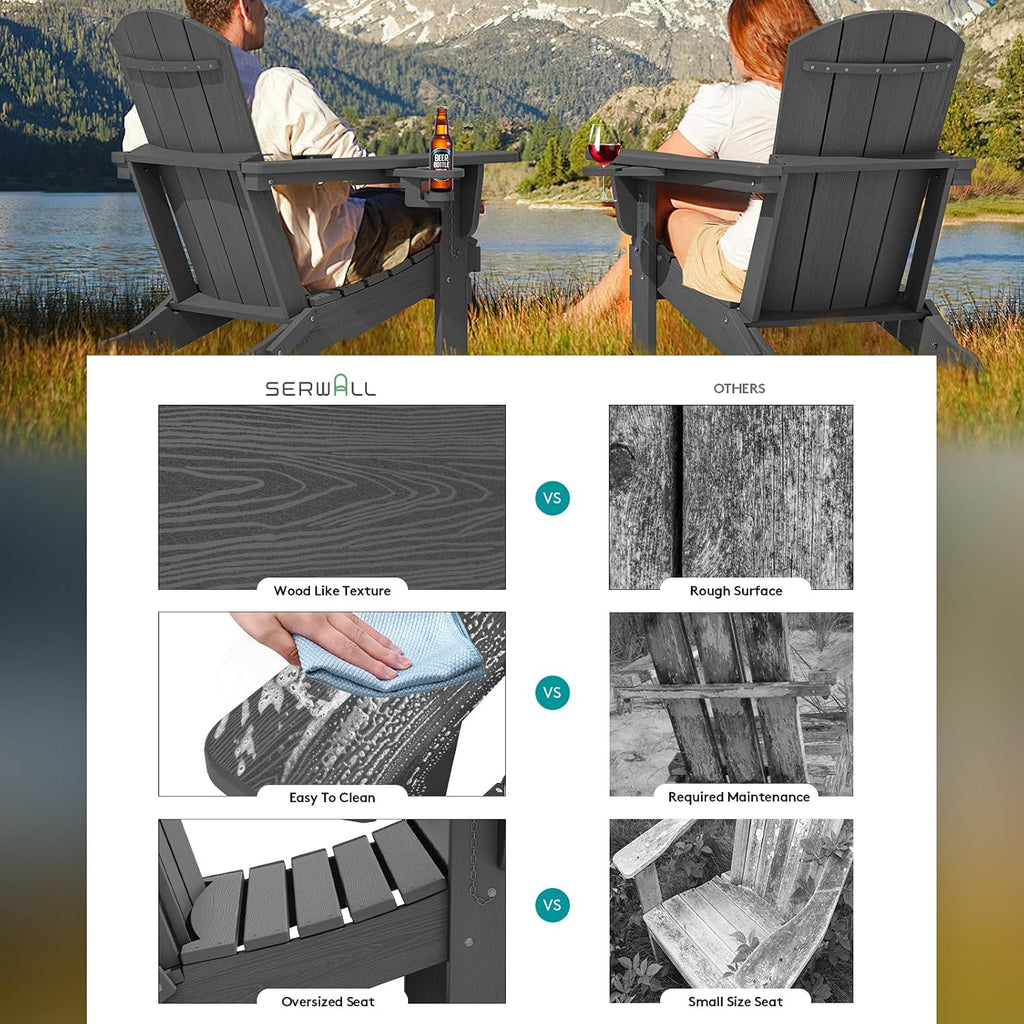 Outdoor Adirondack Chair Set of 2 with Cup Holders,Grey | HDPE Composite,Waterproof,Wood Grain,Cup & Phone