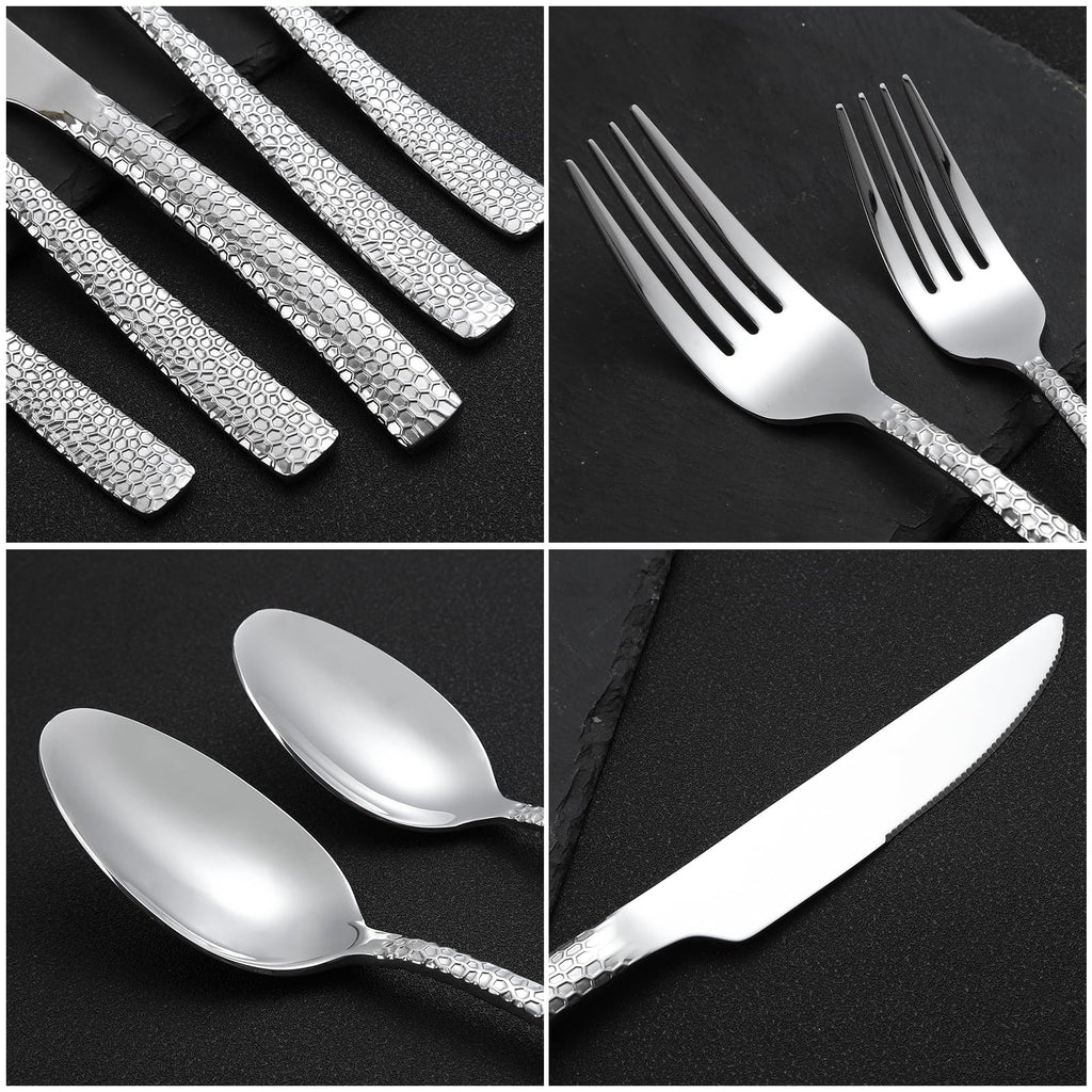 30-Piece Silver Silverware Set, Heavy Duty Hammered 18/10 Stainless Steel Flatware Set for 6, Food-Grade Cutlery Set