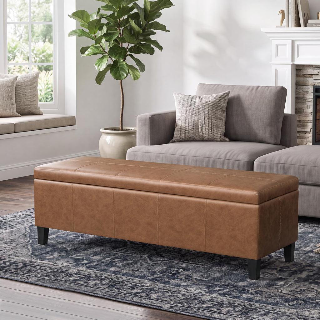 Faux Leather Storage Bench Ottoman, 50 Inch Upholstered Storage Bench with Large Compartment, Durable Accent Seating