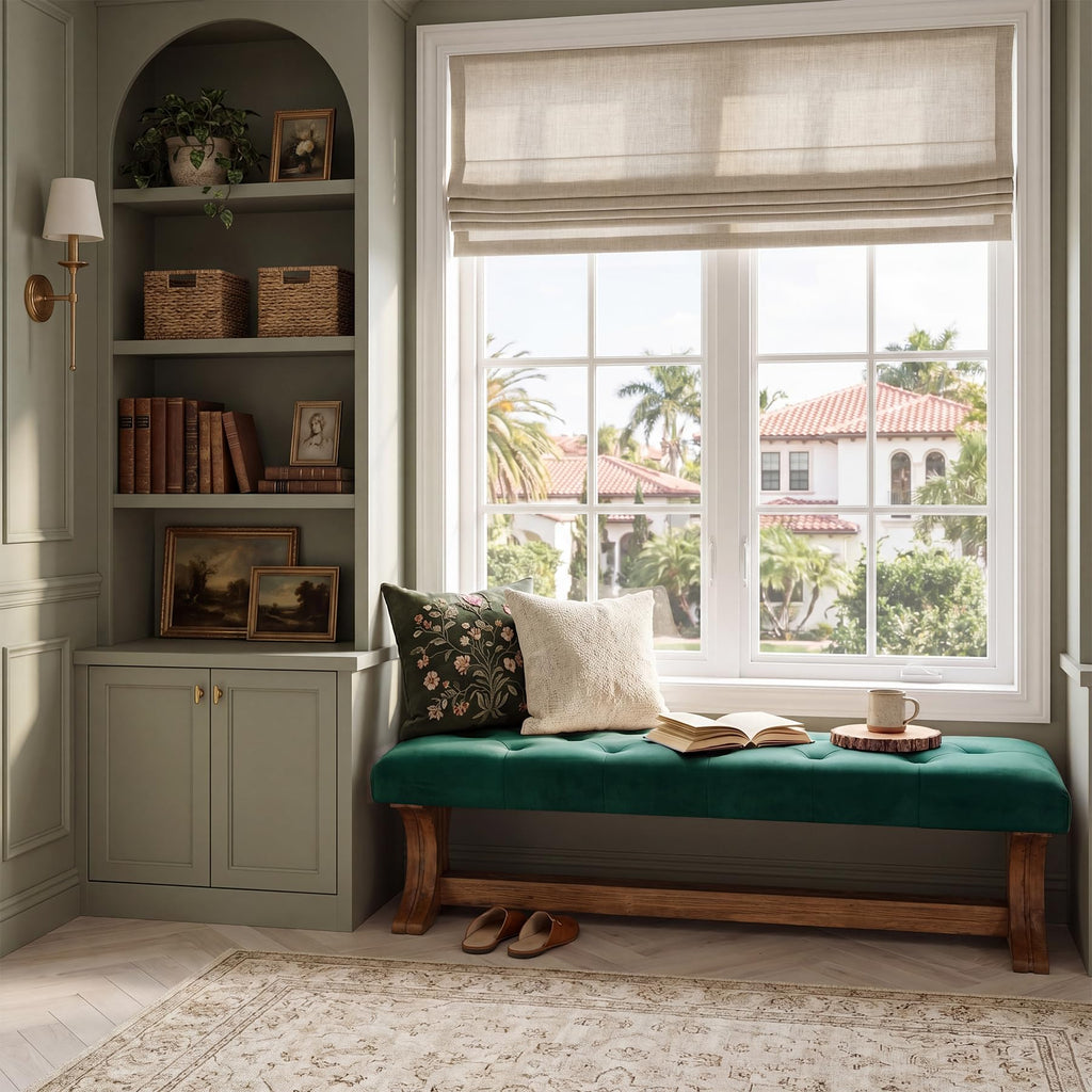 55" Upholstered End of Bed Bench, Solid Wood Tufted Entryway Bench, Farmhouse Ottoman with Cushion, Foot of Bed