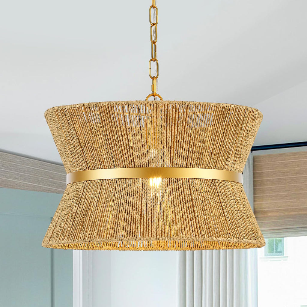 18" Hand Woven Rattan Boho Chandelier Brass Ajustable Pendant Light Island Living Room Bedroom Hallway, UL Listed