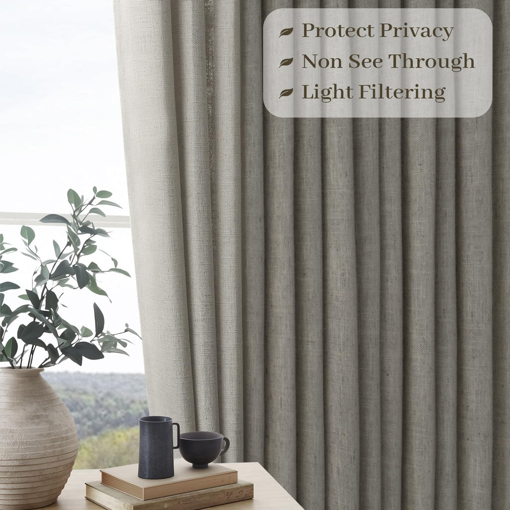 102 Inch Long Curtains Pinch Pleated Curtains Sliding Door 2 Panels Rustic Grey Thick Linen Textured Memory Trained