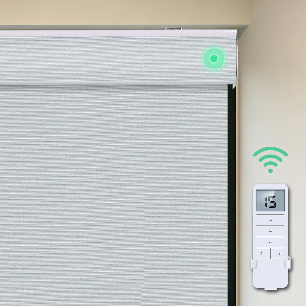 Motorized Blackout Cordless Window Shades, Remote Control Wireless and Rechargeable Window Blinds with Metal Valance