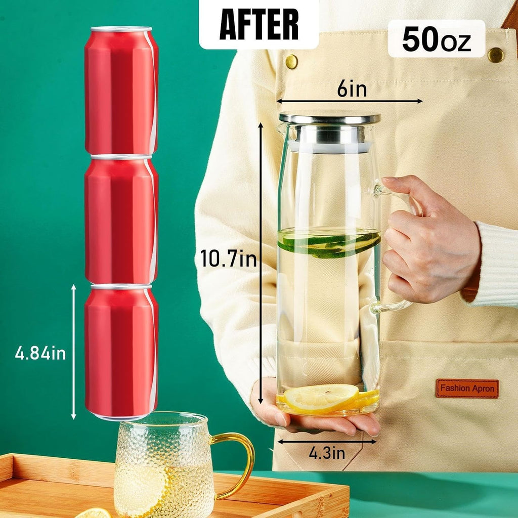 Glass Pitcher with Lid and Spout 50oz/ 1.5L, Hot/Cold Water Pitcher, Iced Tea Pitcher for the Shelf of Fridge, Easy