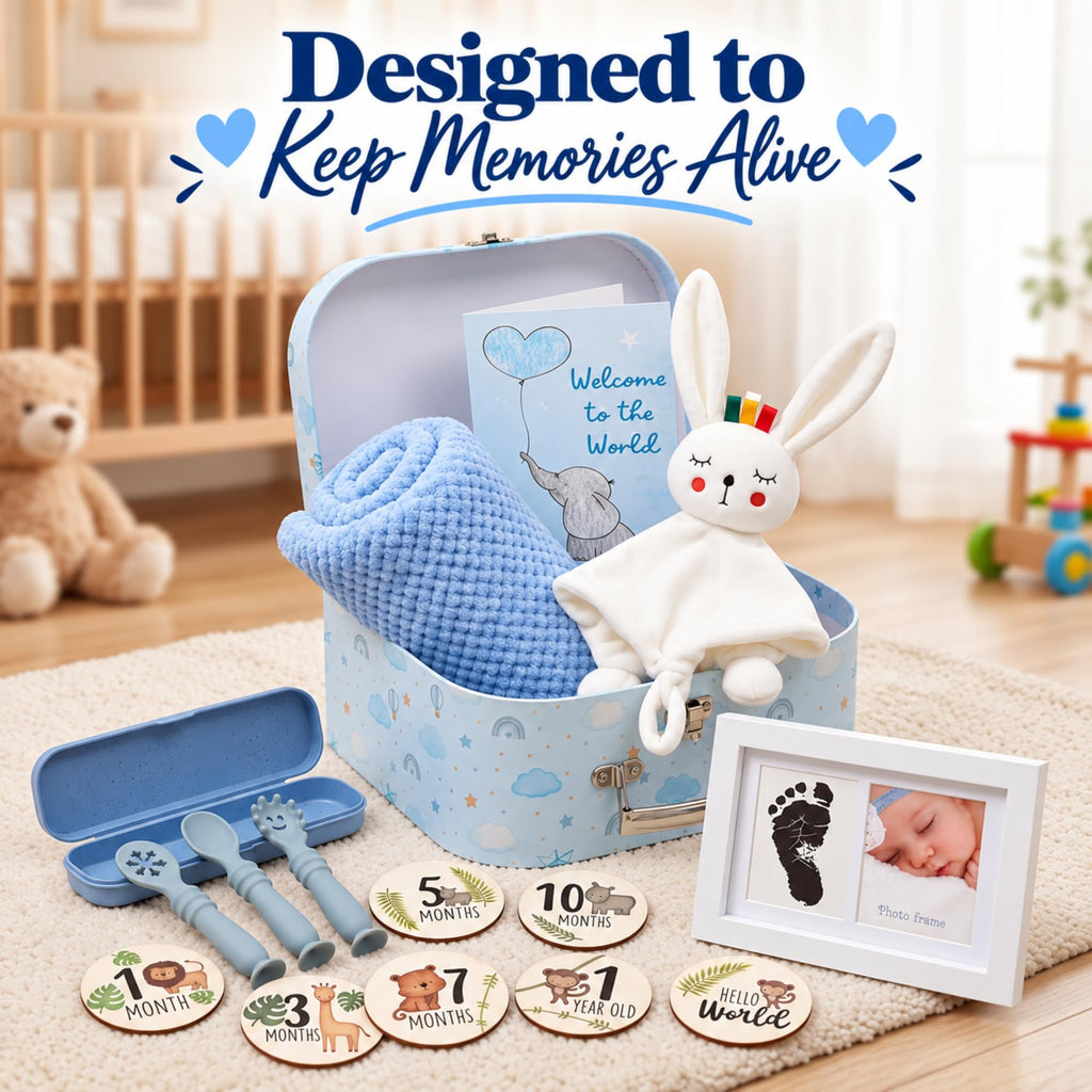16-Piece New Baby Boy Gift Basket with unique Baby Shower Gifts for Boys