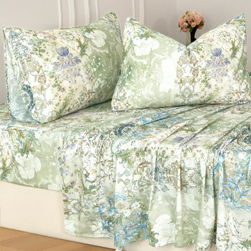 California King Sheets Luxury Sage Green Floral Bed Sheet Set 100% Cotton, Satin Weave Soft Silky Breathable for Hot
