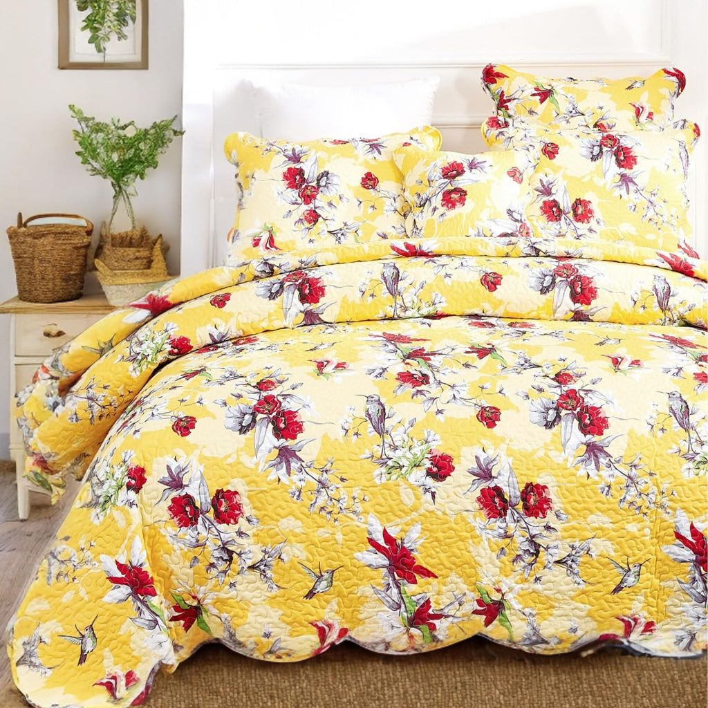 Bedding Radiant Sunshine Yellow Floral Bedspread Set - Hummingbirds Farmhouse Red Flowers Garden Quilted Coverlet