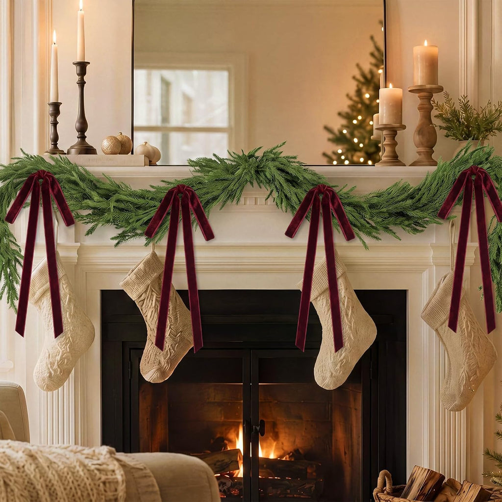 15ft Christmas Garland for Stair with 4 Velvet Bows, Norfolk Pine