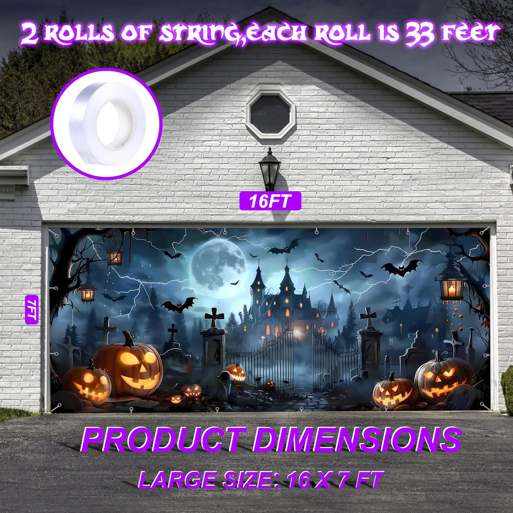 7x16ft Halloween Garage Door Cover Banner Large Hanging Backdrop Door Cover Gloomy Garage Wall Decoration Backdrop