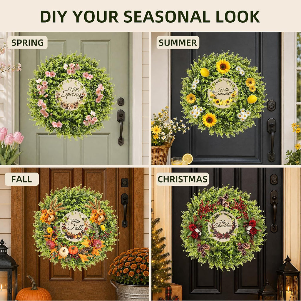 20 Inch Faux Boxwood Wreath with 3 Double-Sided Wooden Signs